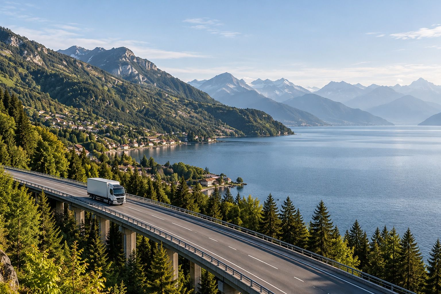 A small white truck travels along a highway beside an alpine lake.