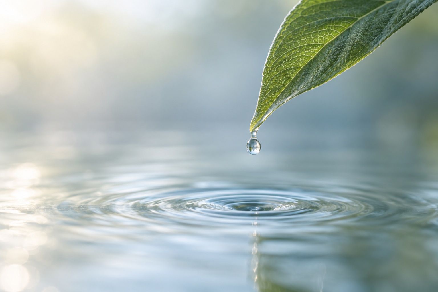 A drop of water falls from a green leaf into rippling water.